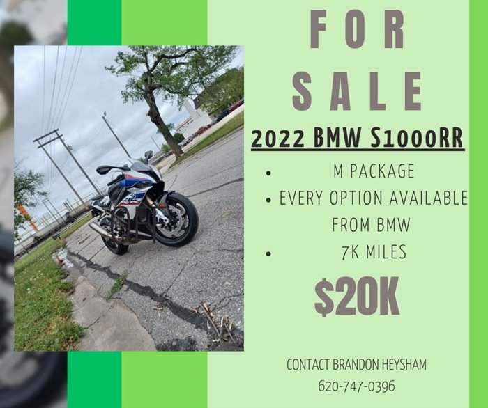 for sale 2022 bmw s1000rr motorcycle. m package, every option available from bmw, 7k miles. asking $20k. contact Brandon Heysham 620-747-0396
