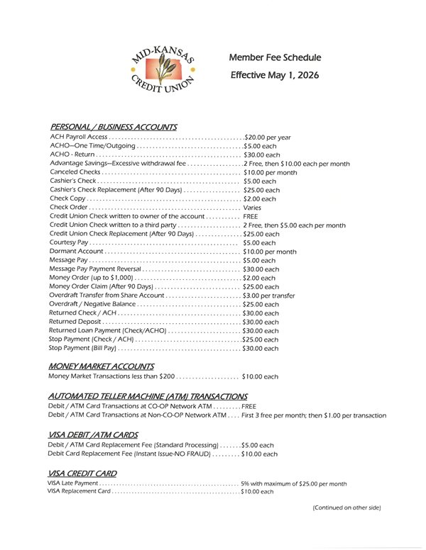 NEW MEMBER FEE SCHEDULE EFFECTIVE MAY 1, 2026 PLEASE CALL 620-345-2980 WITH ANY QUESTIONS